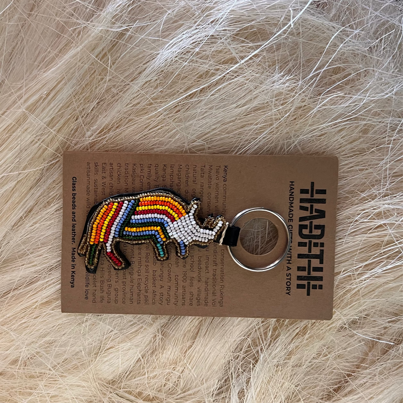 Rhino keychain . Colourful Maasai beaded keychain.